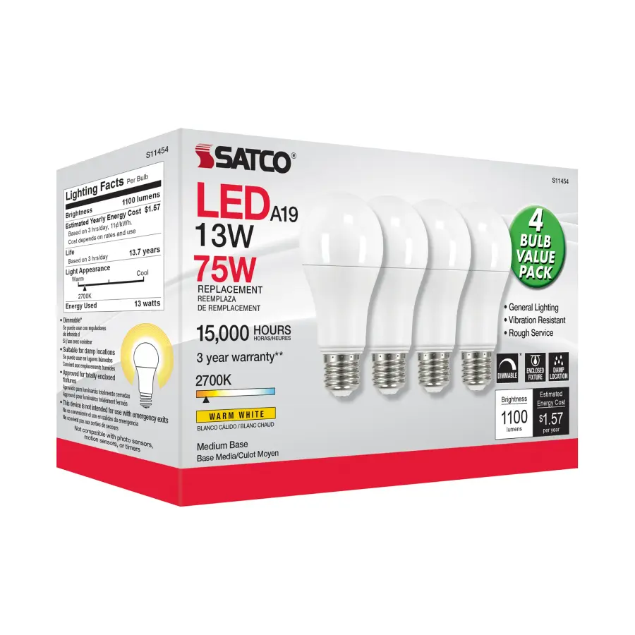 13 Watt A19 LED - 2700K - Dimmable - Medium base - 230 deg. Beam Angle - 4-pack - Image 7