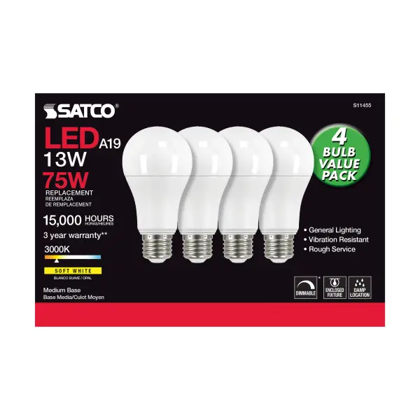 13 Watt A19 LED - 3000K - Dimmable - Medium base - 230 deg. Beam Angle - 4-pack - Image 3