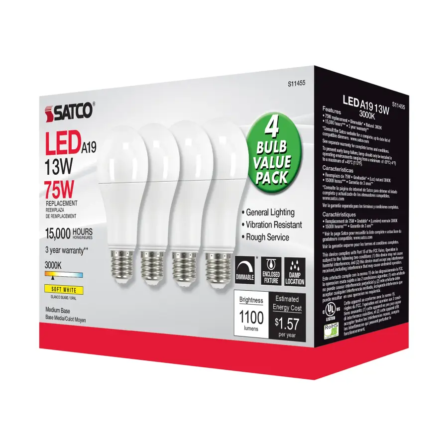 13 Watt A19 LED - 3000K - Dimmable - Medium base - 230 deg. Beam Angle - 4-pack - Image 6