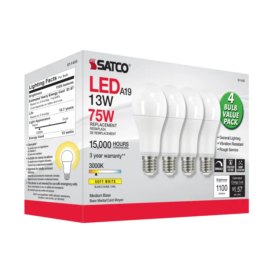 13 Watt A19 LED - 3000K - Dimmable - Medium base - 230 deg. Beam Angle - 4-pack - Image 7
