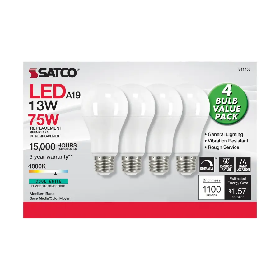 13 Watt A19 LED - 4000K - Dimmable - Medium base - 230 deg. Beam Angle - 4-pack - Image 2