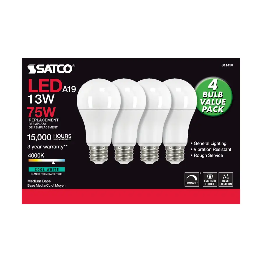 13 Watt A19 LED - 4000K - Dimmable - Medium base - 230 deg. Beam Angle - 4-pack - Image 3