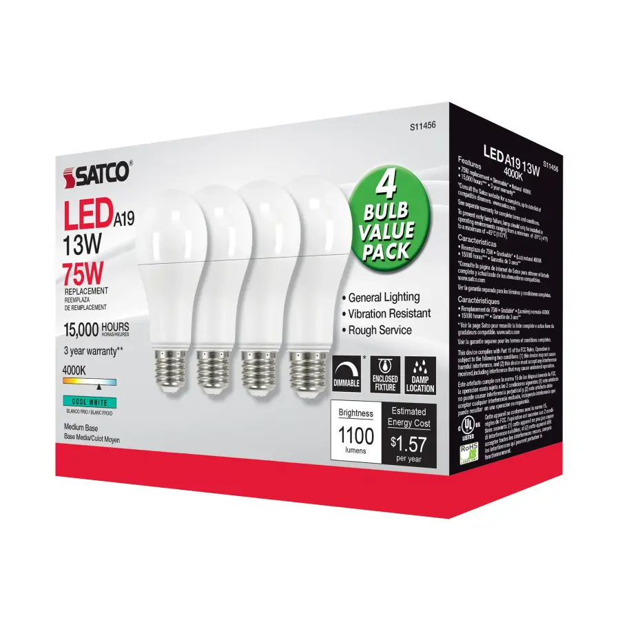 13 Watt A19 LED - 4000K - Dimmable - Medium base - 230 deg. Beam Angle - 4-pack - Image 6