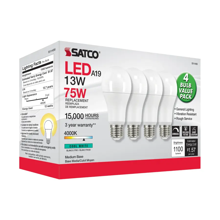 13 Watt A19 LED - 4000K - Dimmable - Medium base - 230 deg. Beam Angle - 4-pack - Image 7