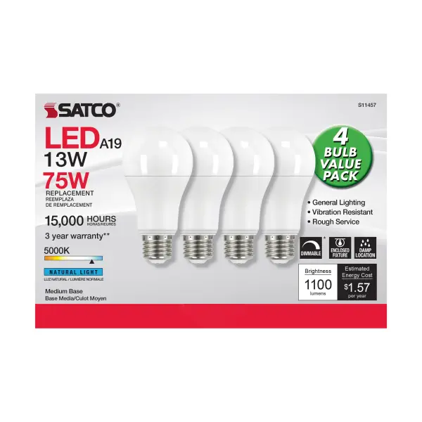 Satco's 13-watt LED lamp is traditional, yet contemporary with its sleek finish and energy saving LED technology. Elegantly illuminate any room in the house with this 4 pack of dimmable bulbs. Sophisticated and modern, this frosted lamp delivers 15,000 hours of natural white light. - alternate view