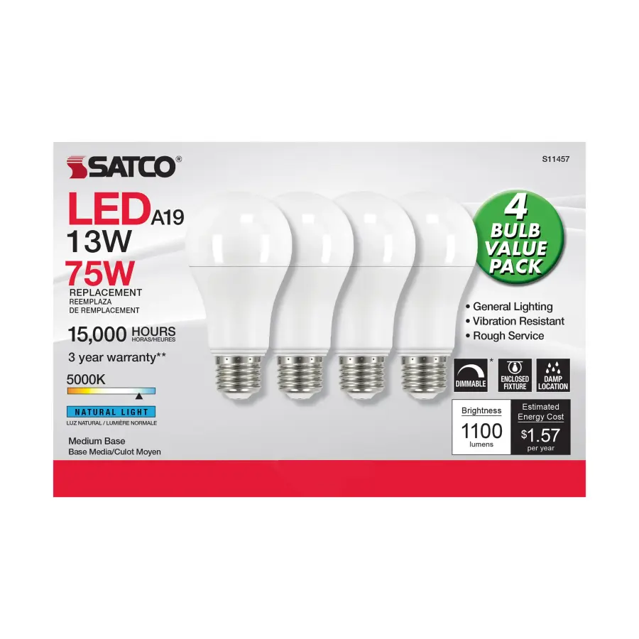 13 Watt A19 LED - 5000K - Dimmable - Medium base - 230 deg. Beam Angle - 4-pack - Image 2