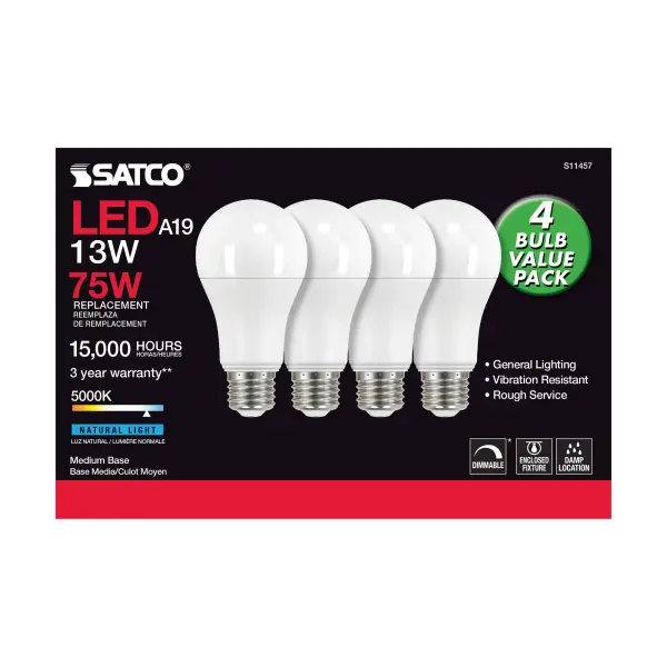 13 Watt A19 LED - 5000K - Dimmable - Medium base - 230 deg. Beam Angle - 4-pack - Image 3