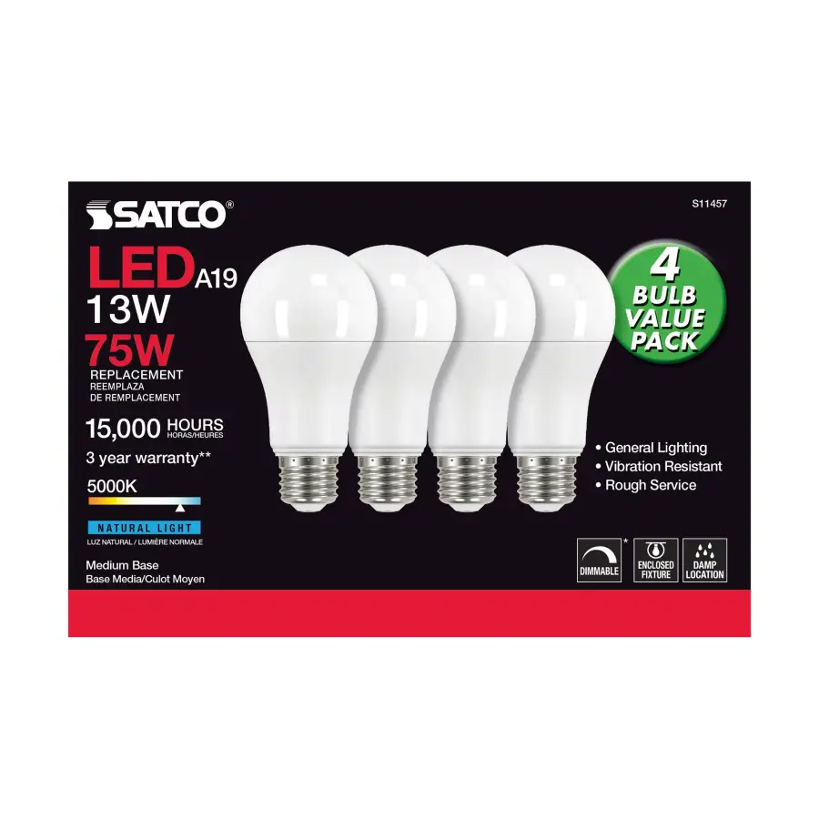 13 Watt A19 LED - 5000K - Dimmable - Medium base - 230 deg. Beam Angle - 4-pack - Image 3