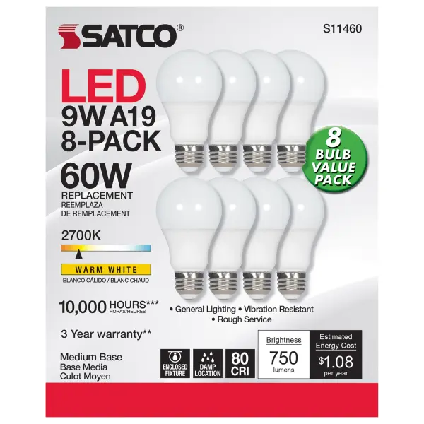Satco's 9-watt LED lamp is traditional, yet contemporary with its sleek finish and energy saving LED technology. Elegantly illuminate any room in the house with this 8 pack of non-dimmable white bulbs. Sophisticated and modern, this lamp delivers 10,000 hours of warm white light. - alternate view