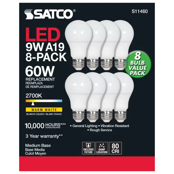 9 Watt A19 LED - 2700K - Non-Dimmable - E26 - 80 CRI - 8-pack - Image 3