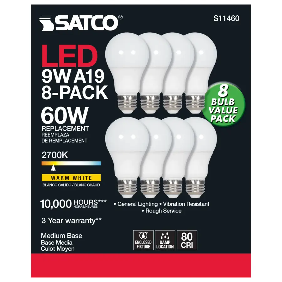 9 Watt A19 LED - 2700K - Non-Dimmable - E26 - 80 CRI - 8-pack - Image 3