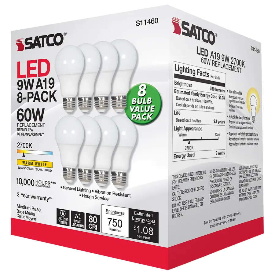 9 Watt A19 LED - 2700K - Non-Dimmable - E26 - 80 CRI - 8-pack - Image 4