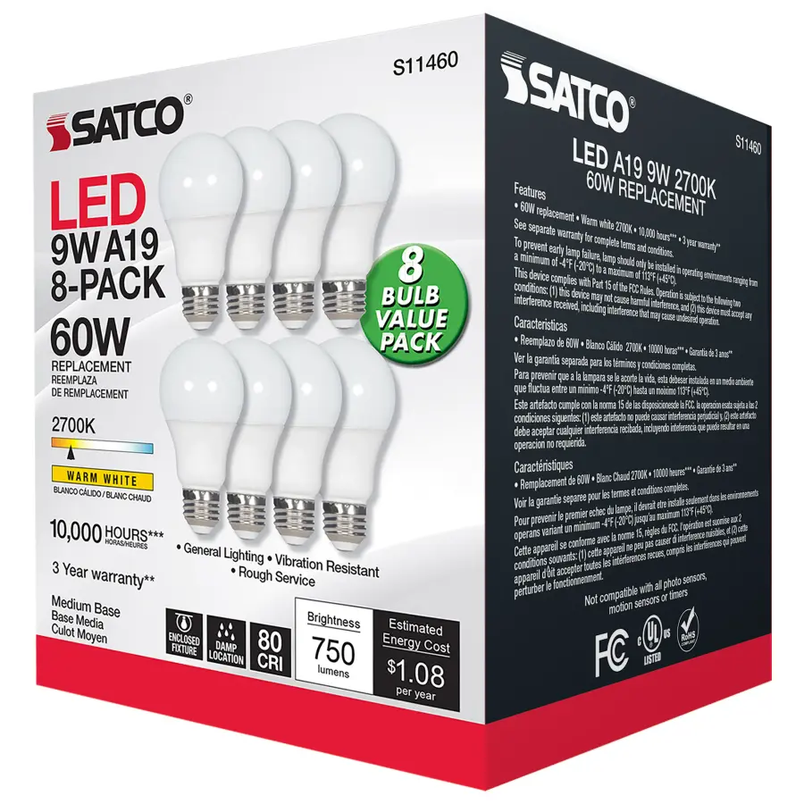 9 Watt A19 LED - 2700K - Non-Dimmable - E26 - 80 CRI - 8-pack - Image 5