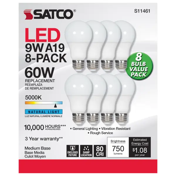 Satco's 9-watt LED lamp is traditional, yet contemporary with its sleek finish and energy saving LED technology. Elegantly illuminate any room in the house with this 8 pack of non-dimmable white bulbs. Sophisticated and modern, this lamp delivers 10,000 hours of natural light. - alternate view