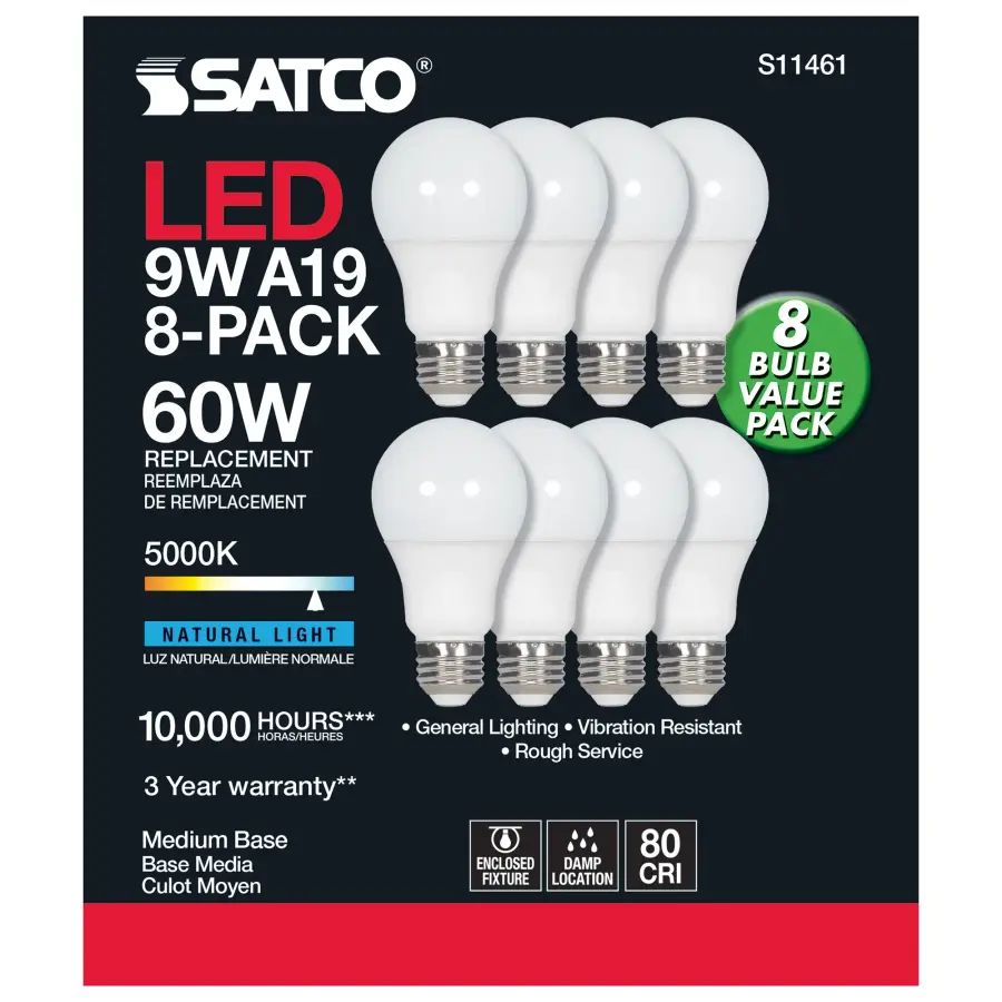 9 Watt A19 LED - 5000K - Non-Dimmable - E26 - 80 CRI - 8-pack - Image 3