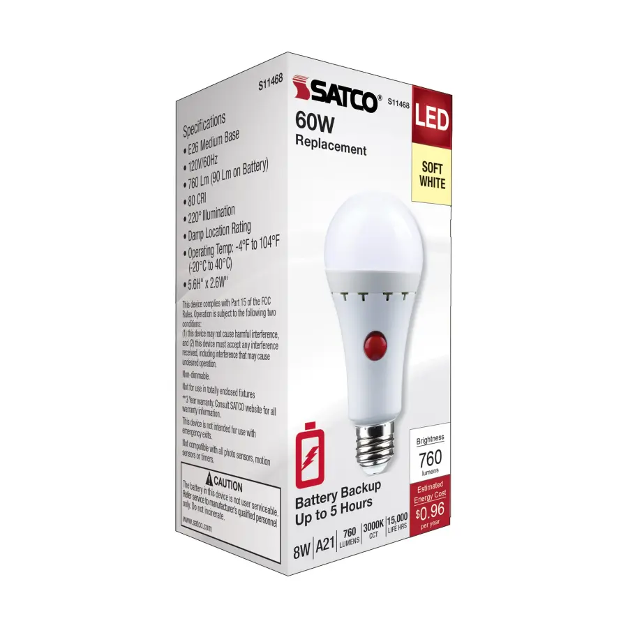 8 Watt A21 LED - 3000K - Medium Base - 120 Volt - 80 CRI - Battery Backup - Image 8