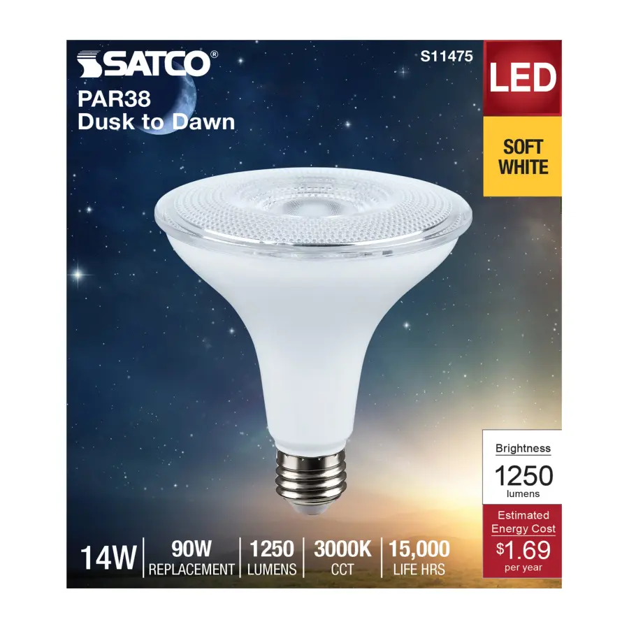14 Watt Dusk to Dawn LED - PAR38 - 3000K - Medium Base - White Finish - 120 Volt - Image 3