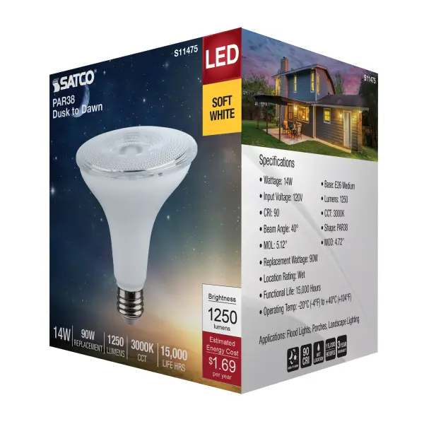 14 Watt Dusk to Dawn LED - PAR38 - 3000K - Medium Base - White Finish - 120 Volt - Image 7