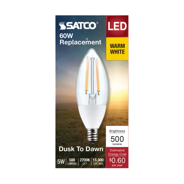 5 Watt B11 - Dusk to Dawn LED Filament - 2700K - Candelabra Base - 120 Volt - 90 CRI - With Photocell - Image 4