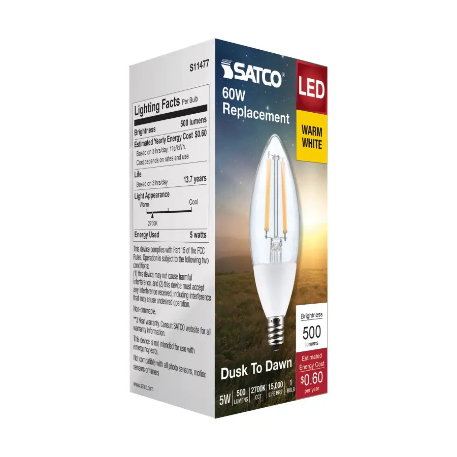 5 Watt B11 - Dusk to Dawn LED Filament - 2700K - Candelabra Base - 120 Volt - 90 CRI - With Photocell - Image 6