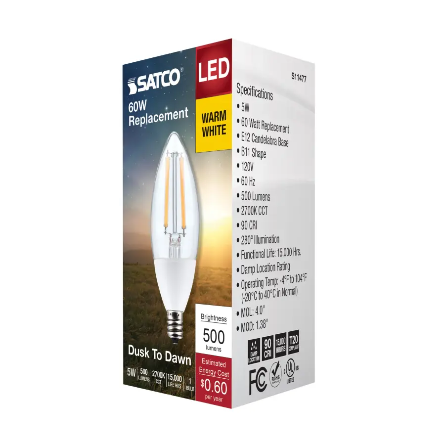 5 Watt B11 - Dusk to Dawn LED Filament - 2700K - Candelabra Base - 120 Volt - 90 CRI - With Photocell - Image 7