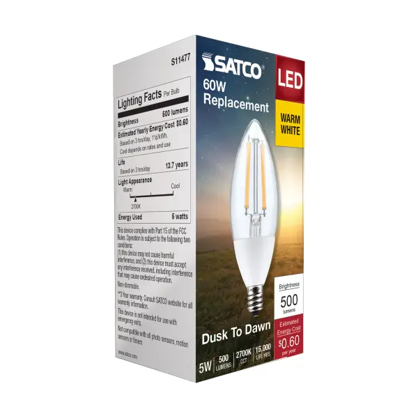 5 Watt B11 - Dusk to Dawn LED Filament - 2700K - Candelabra Base - 120 Volt - 90 CRI - With Photocell - Image 8