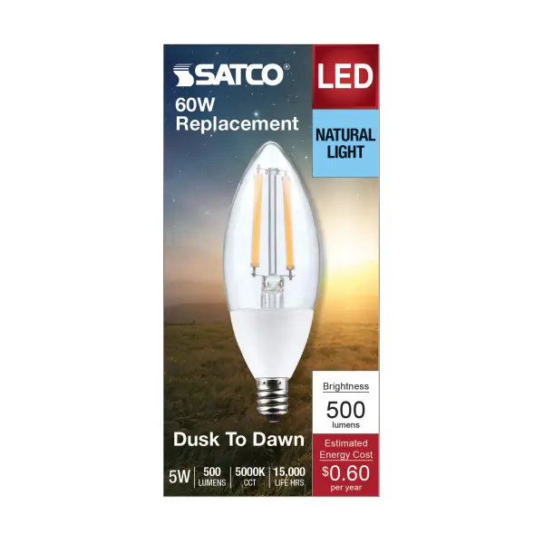 5 Watt B11 - Dusk to Dawn LED Filament - 5000K - Candelabra Base - 120 Volt - 90 CRI - With Photocell - Image 4