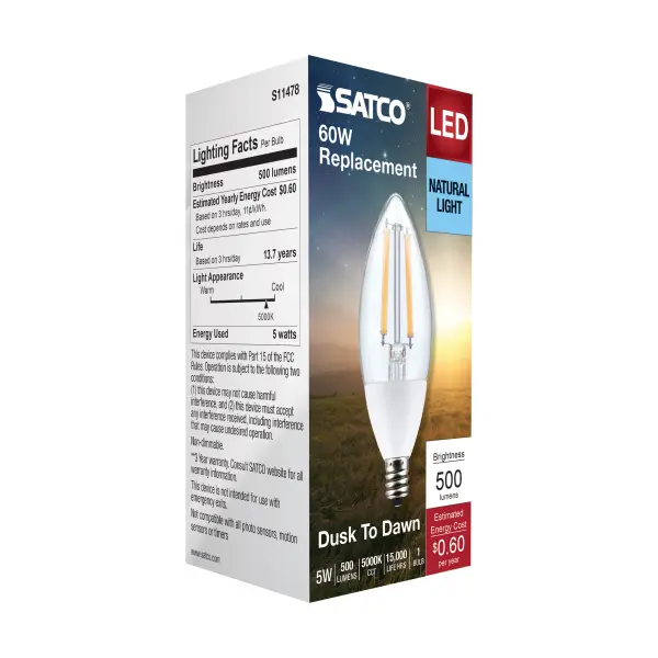 5 Watt B11 - Dusk to Dawn LED Filament - 5000K - Candelabra Base - 120 Volt - 90 CRI - With Photocell - Image 6