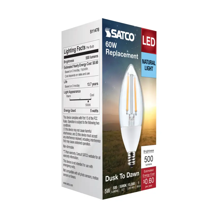 5 Watt B11 - Dusk to Dawn LED Filament - 5000K - Candelabra Base - 120 Volt - 90 CRI - With Photocell - Image 6