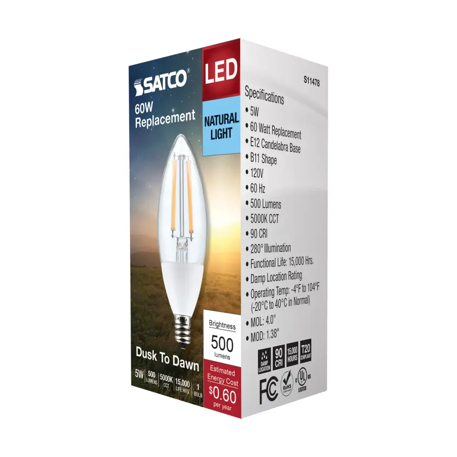 5 Watt B11 - Dusk to Dawn LED Filament - 5000K - Candelabra Base - 120 Volt - 90 CRI - With Photocell - Image 7
