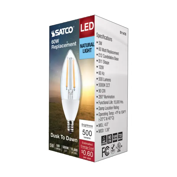 5 Watt B11 - Dusk to Dawn LED Filament - 5000K - Candelabra Base - 120 Volt - 90 CRI - With Photocell - Image 8