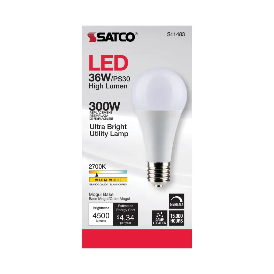 Ultra Bright Utility Lamp - 36 Watt - PS30 LED - Dimmable - White Finish - Mogul Base - 2700K - 120 Volt - High Lumen - Image 5