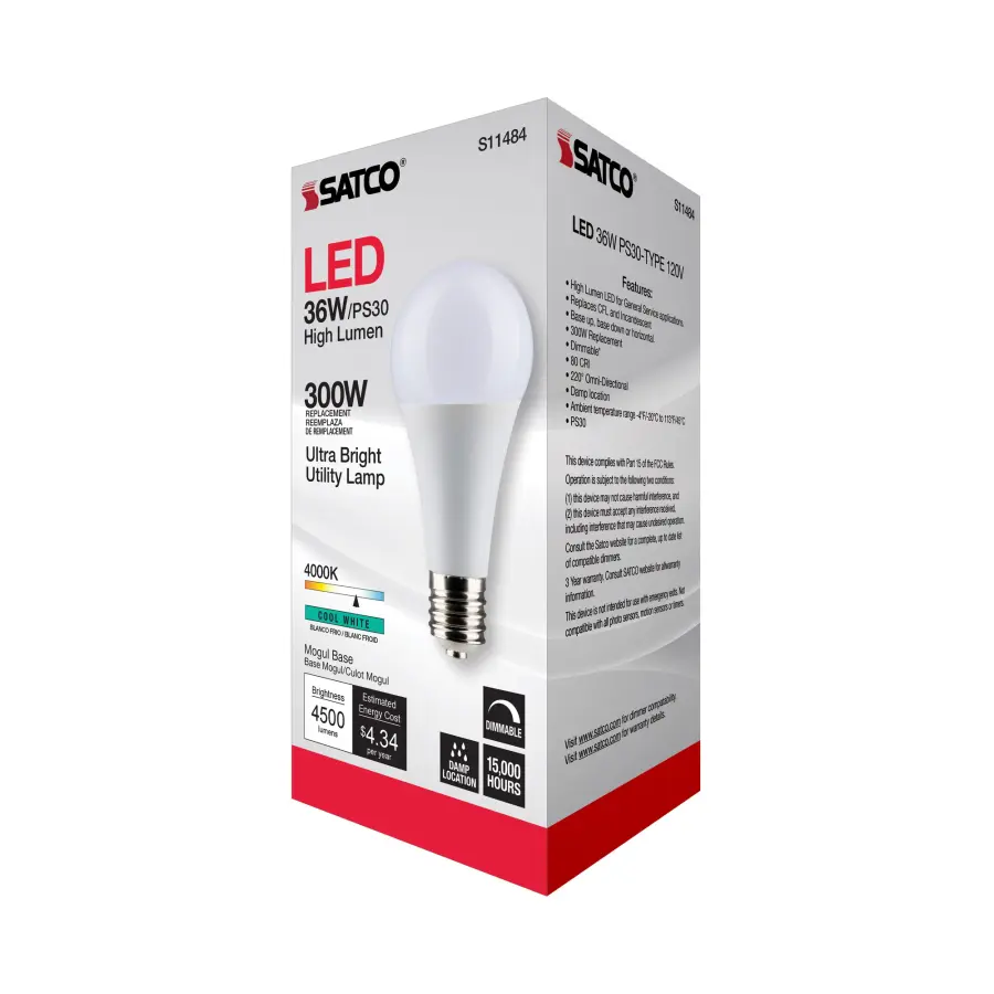 Ultra Bright Utility Lamp - 36 Watt - PS30 LED - Dimmable - White Finish - Mogul Base - 4000K - 120 Volt - High Lumen - Image 10