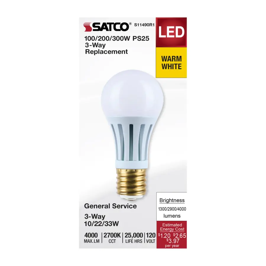 10/22/33 Wattage Selectable PS25 LED Three-Way Lamp - E39d Mogul Base - 2700K - White Finish - 120 Volt - Image 2