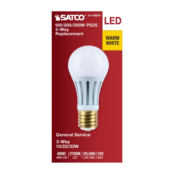 10/22/33 Wattage Selectable PS25 LED Three-Way Lamp - E39d Mogul Base - 2700K - White Finish - 120 Volt - Image 3