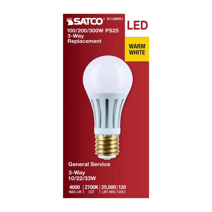 10/22/33 Wattage Selectable PS25 LED Three-Way Lamp - E39d Mogul Base - 2700K - White Finish - 120 Volt - Image 3