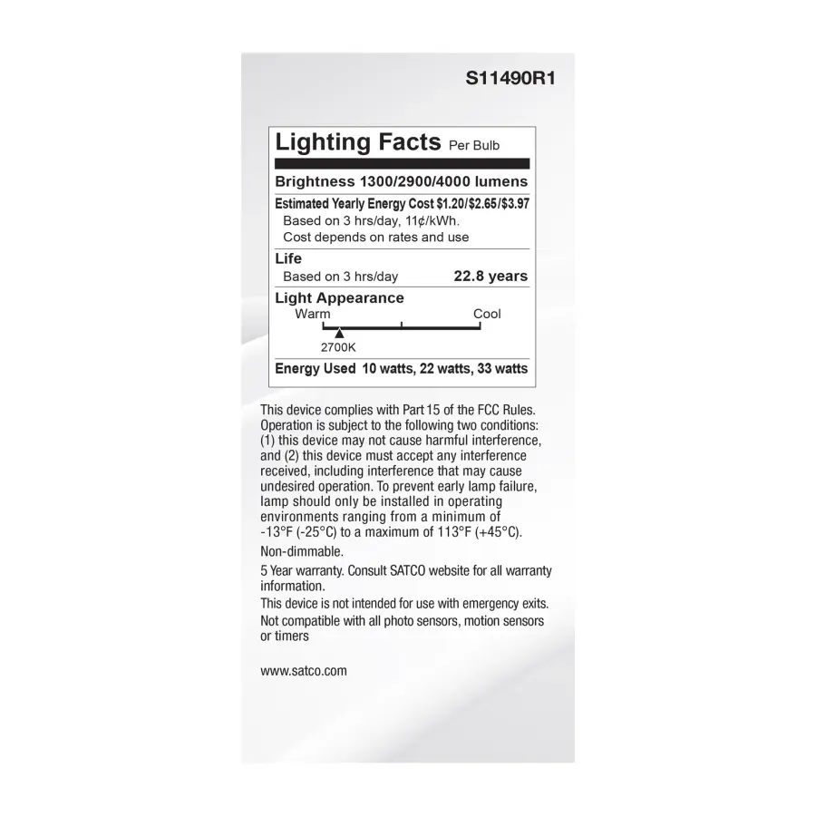 10/22/33 Wattage Selectable PS25 LED Three-Way Lamp - E39d Mogul Base - 2700K - White Finish - 120 Volt - Image 5