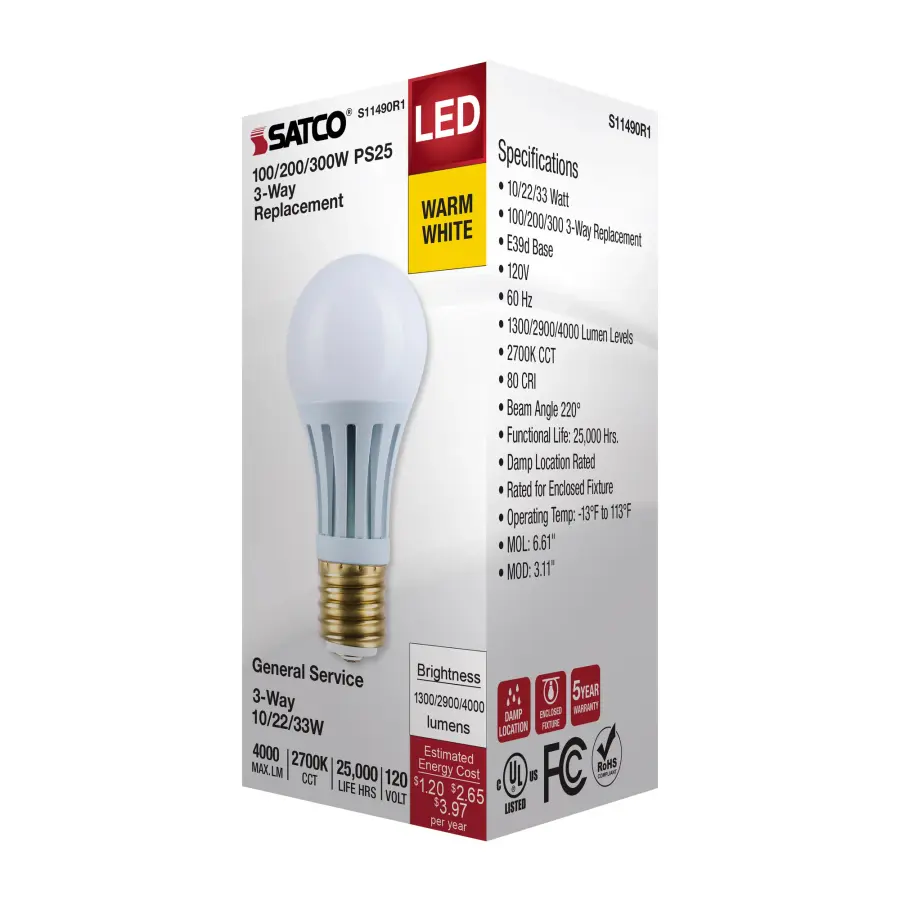 10/22/33 Wattage Selectable PS25 LED Three-Way Lamp - E39d Mogul Base - 2700K - White Finish - 120 Volt - Image 6