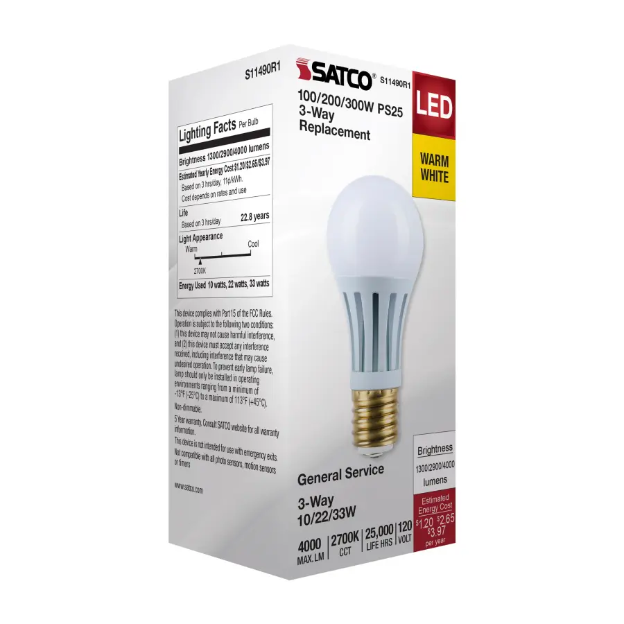 10/22/33 Wattage Selectable PS25 LED Three-Way Lamp - E39d Mogul Base - 2700K - White Finish - 120 Volt - Image 7
