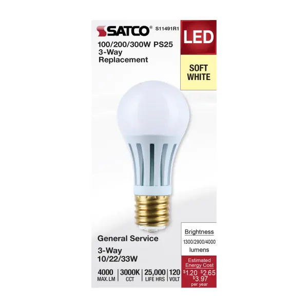 10/22/33 Wattage Selectable PS25 LED Three-Way Lamp - E39d Mogul Base - 3000K - White Finish - 120 Volt - Image 2