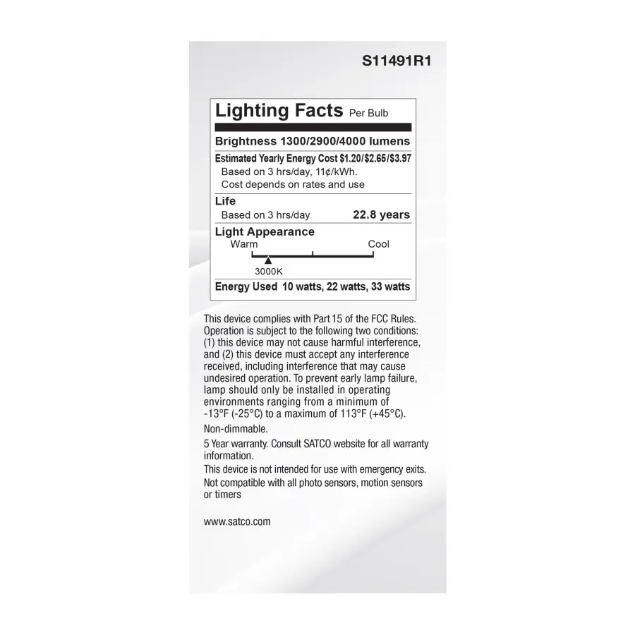 10/22/33 Wattage Selectable PS25 LED Three-Way Lamp - E39d Mogul Base - 3000K - White Finish - 120 Volt - Image 3