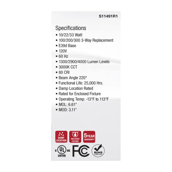 10/22/33 Wattage Selectable PS25 LED Three-Way Lamp - E39d Mogul Base - 3000K - White Finish - 120 Volt - Image 4