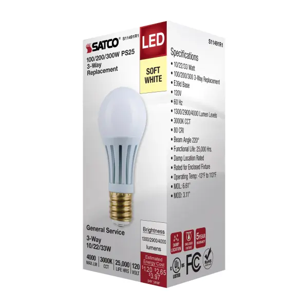 10/22/33 Wattage Selectable PS25 LED Three-Way Lamp - E39d Mogul Base - 3000K - White Finish - 120 Volt - Image 6