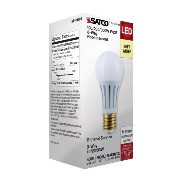 10/22/33 Wattage Selectable PS25 LED Three-Way Lamp - E39d Mogul Base - 3000K - White Finish - 120 Volt - Image 7