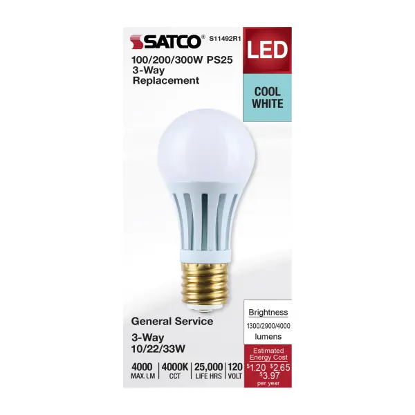 10/22/33 Wattage Selectable PS25 LED Three-Way Lamp - E39d Mogul Base - 4000K - White Finish - 120 Volt - Image 2