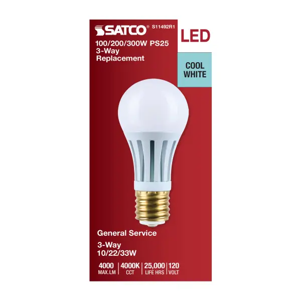 10/22/33 Wattage Selectable PS25 LED Three-Way Lamp - E39d Mogul Base - 4000K - White Finish - 120 Volt - Image 3