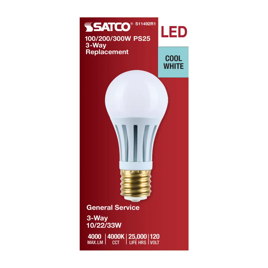 10/22/33 Wattage Selectable PS25 LED Three-Way Lamp - E39d Mogul Base - 4000K - White Finish - 120 Volt - Image 3