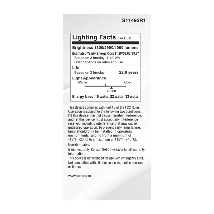 10/22/33 Wattage Selectable PS25 LED Three-Way Lamp - E39d Mogul Base - 4000K - White Finish - 120 Volt - Image 5
