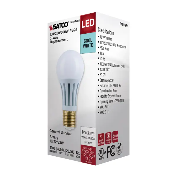 10/22/33 Wattage Selectable PS25 LED Three-Way Lamp - E39d Mogul Base - 4000K - White Finish - 120 Volt - Image 6