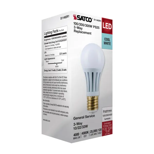 10/22/33 Wattage Selectable PS25 LED Three-Way Lamp - E39d Mogul Base - 4000K - White Finish - 120 Volt - Image 7